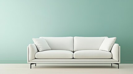 Minimal furniture idea. Stylish white sofa against a serene mint green wall in a modern interior space.