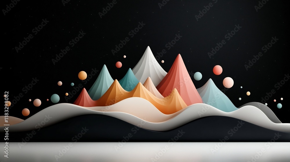 Poster minimalist abstract digital art featuring a dark base with pastel colored dots and wavy lines creati