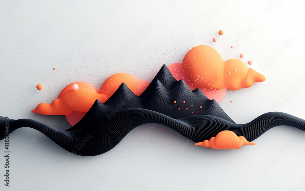 Poster moody and abstract digital artwork featuring a striking mountain landscape with pastel dots and dyna