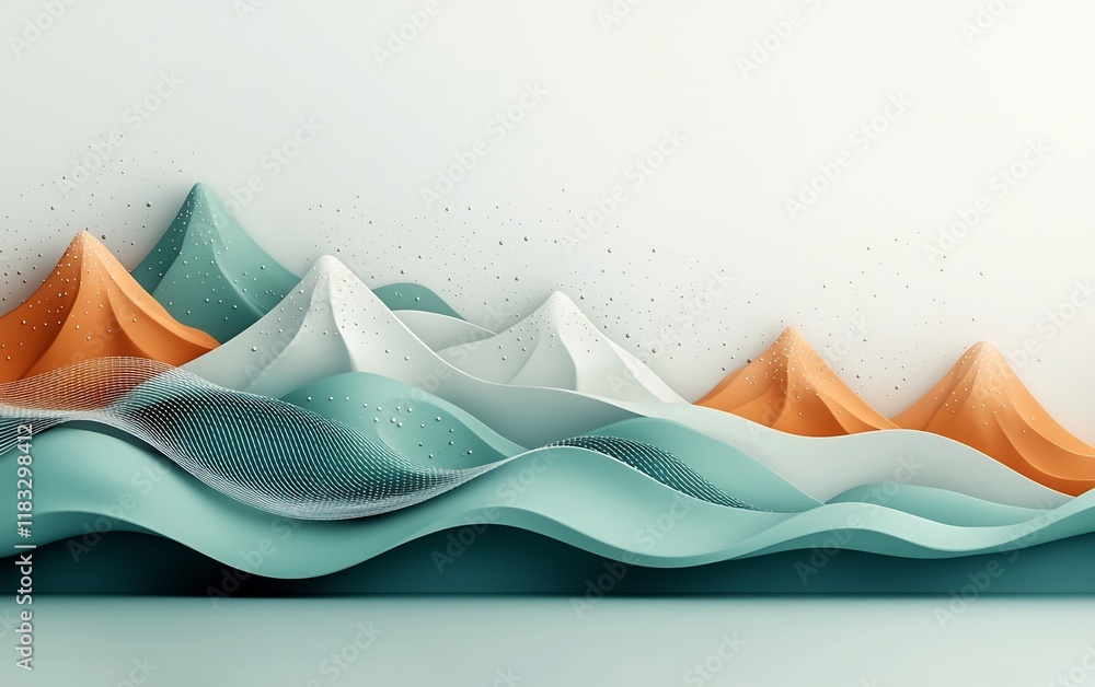 Poster striking 3d visualization of pastel hued mountains with a captivating wave pattern of dots and lines