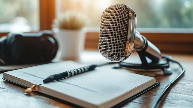 Vintage Microphone Notebook Pen Podcast Preparation