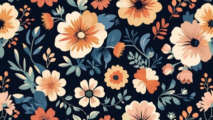 A Seamless Pattern of Colorful Flowers and Leaves
