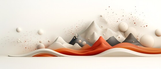 Captivating Pastel Waves Across Surreal 3D Mountain Landscape with Dotted and Linear Overlays   A breathtaking digital featuring a mesmerizing wave like pattern overlaying a pastel colored