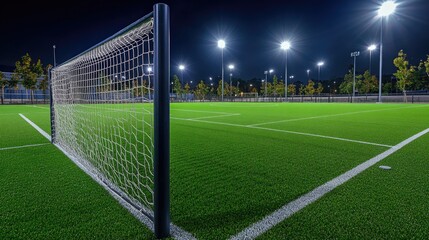 Fototapeta premium A soccer field with a focus on the net, illuminated under bright stadium lights.