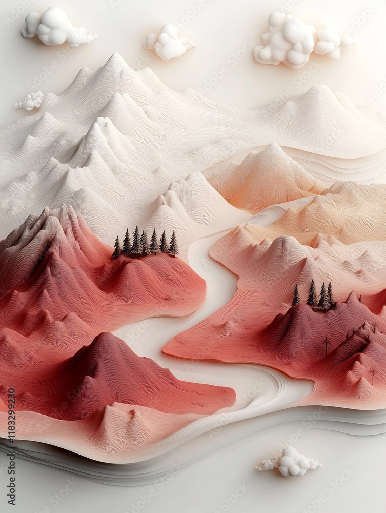 Aufkleber pastel painted mountainscape with fluffy clouds on clean white display abstract 3d rendered digital 