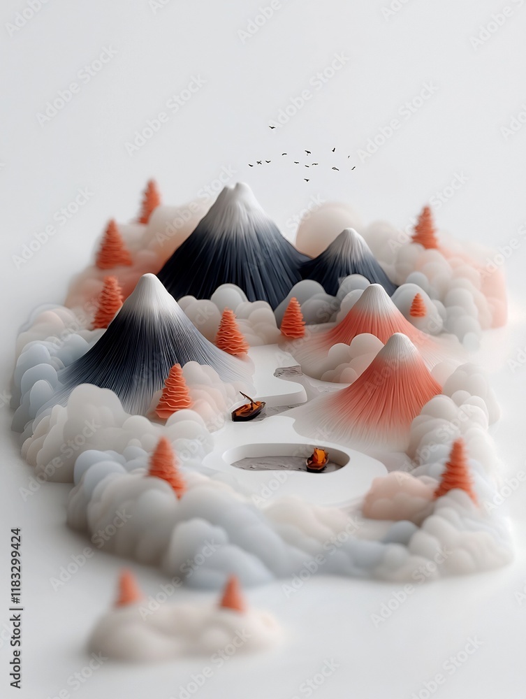 Poster ethereal pastel mountain landscape minimalist abstract 3d rendered scene with floating clouds and pr