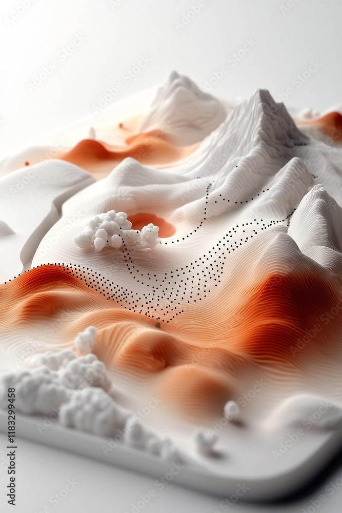 Poster captivating pastel mountains with a mesmerizing wave of dotted and linear patterns traversing the te