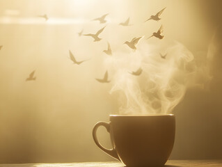 Morning coffee experience specialty beans in a serene environment with soft light and birds flying