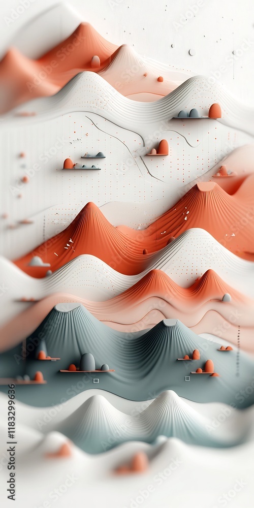 Poster serene and captivating pastel mountains with a wave like overlay of dotted and linear elements creat