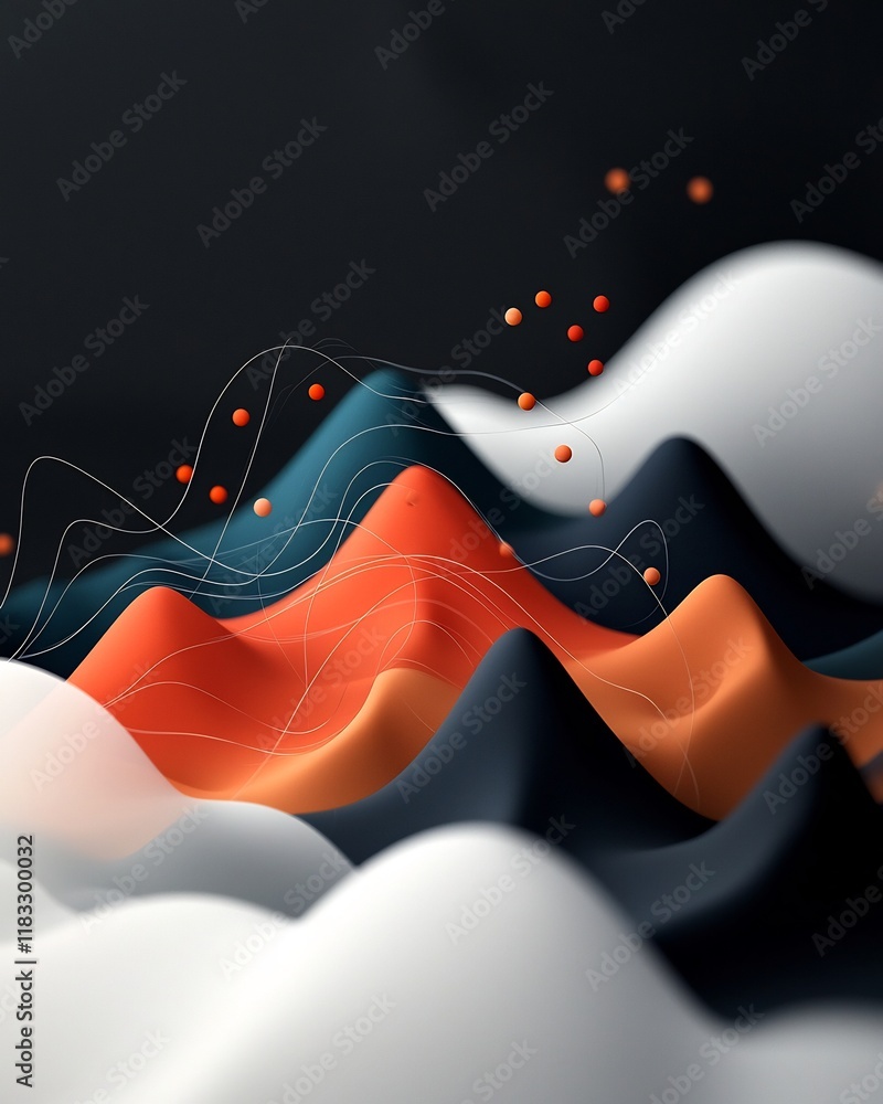 Poster serene abstract dark background featuring pastel colored dots and dynamic lines generating a wave li