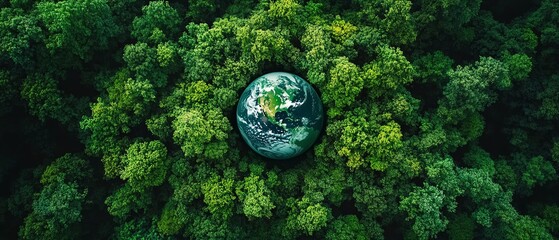 Green forest with globe earth, representing the target of carbon emissions reduction and the commitment to sustainable energy for a cleaner, healthier world