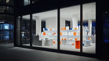 A store window showcasing items available for exchange, with eye-catching signage.