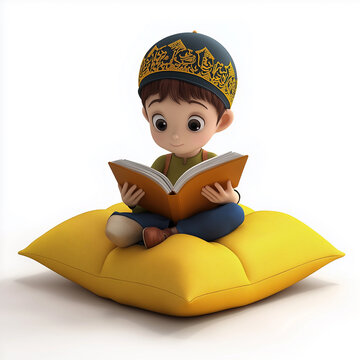 3D image of a cute little child reading the Koran. AI Generated