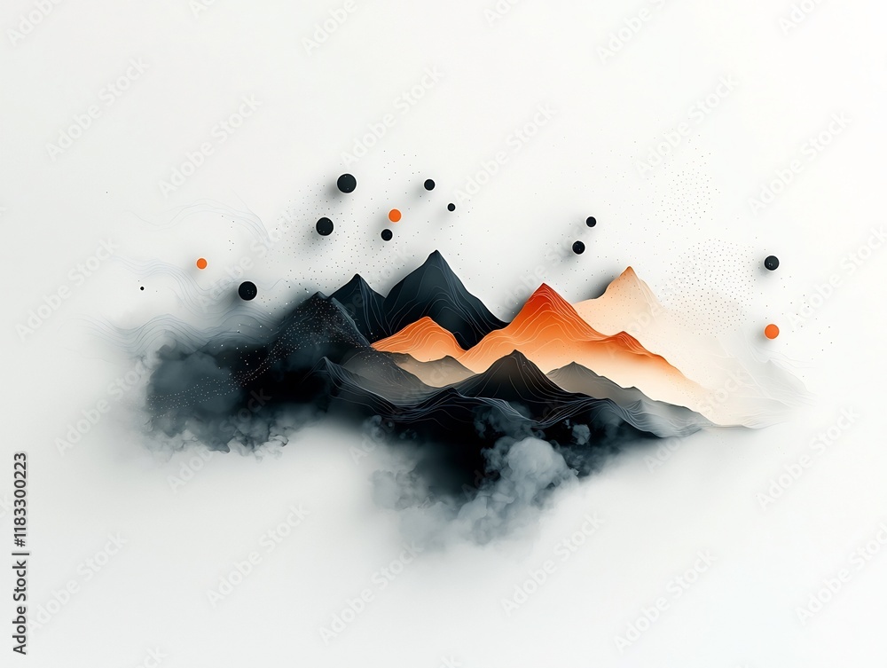 Aufkleber ominous yet captivating 3d digital art showcasing a dreamlike mountainous landscape with a pastel ov