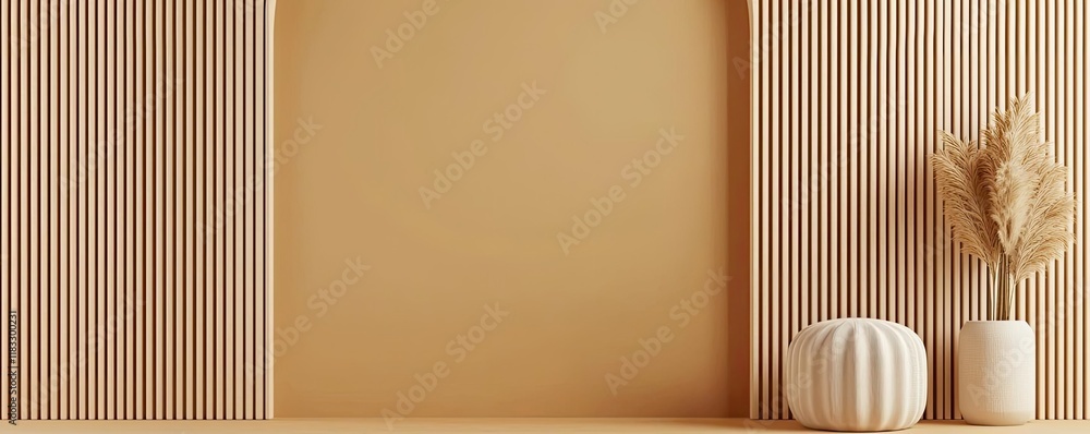 Poster minimal furniture idea. modern minimalist decor with neutral tones and stylish vases on the shelf.