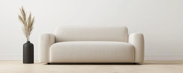 Minimal furniture idea. Stylish minimalist living room featuring a beige sofa and decorative vase.