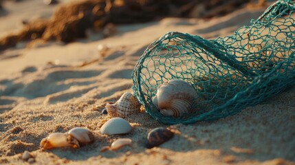 A tangled fishing net on a sandy beach with seashells and pebbles scattered around.