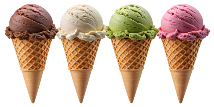 four ice cream cones with assorted flavors cut out