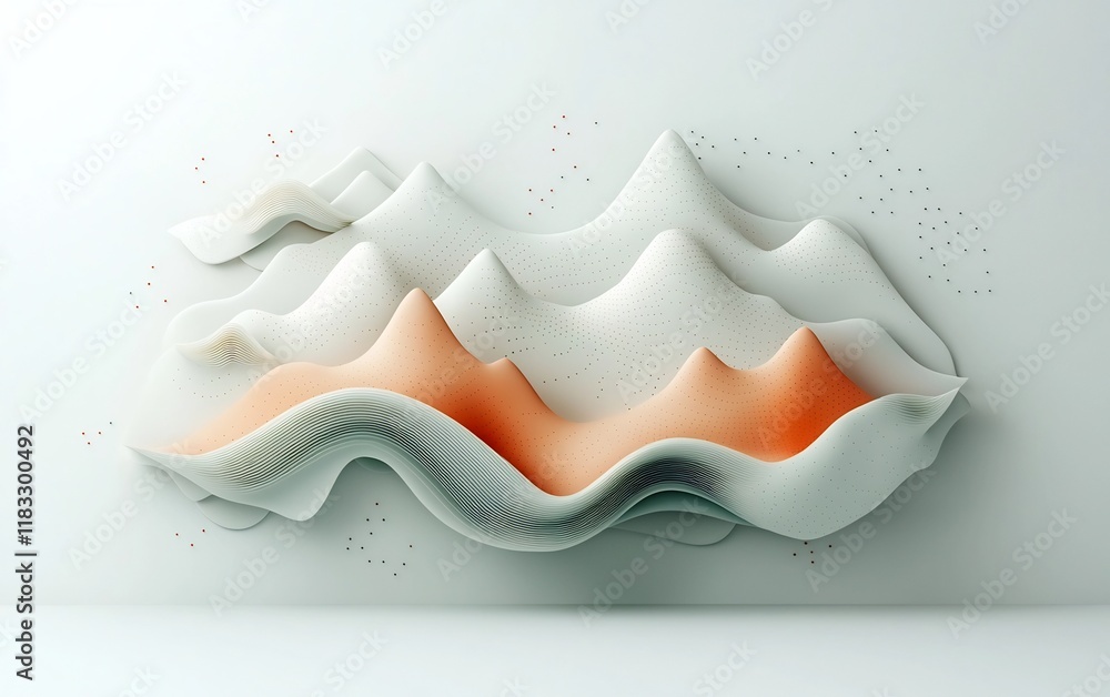 Poster pastel hued mountain waves with cascading dots and lines in abstract 3d visualization striking