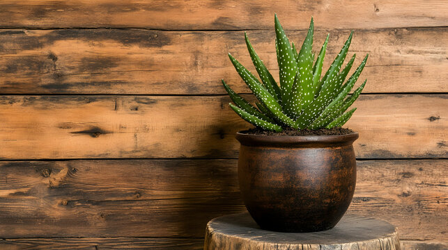 Cutout of an indoor plant in a pot on a wooden stool