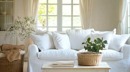 White sofa, sunlit living room, plants, relaxation, home decor, interior design, calm, peaceful,  lifestyle