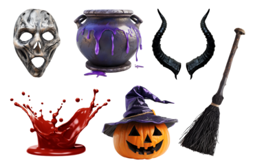 Collection set of halloween horror, cauldron, red blood splash, Jack O Lantern Halloween pumpkin, demon devil horn, mask, witch broomstick on transparent cutout PNG file. Mockup template for design	
