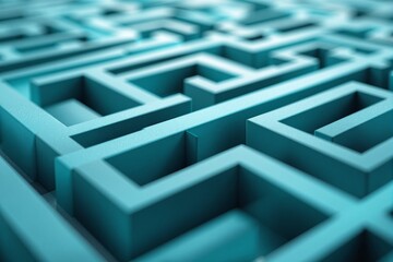 Close-up of a turquoise maze with smooth geometry, textured walls, and intricate design. Abstract style on a soft-focus background. Concept of complexity. Ai generative