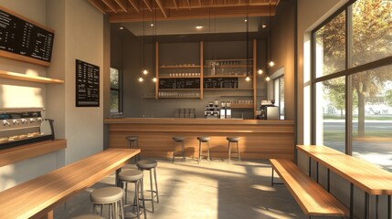 A trendy coffee shop with wooden benches, gray stools, and an open bar area, designed for a casual and friendly atmosphere