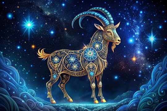 Night Photography: Mystical Capricorn Goat Zodiac Constellation, Ornate Symbol, Astrology