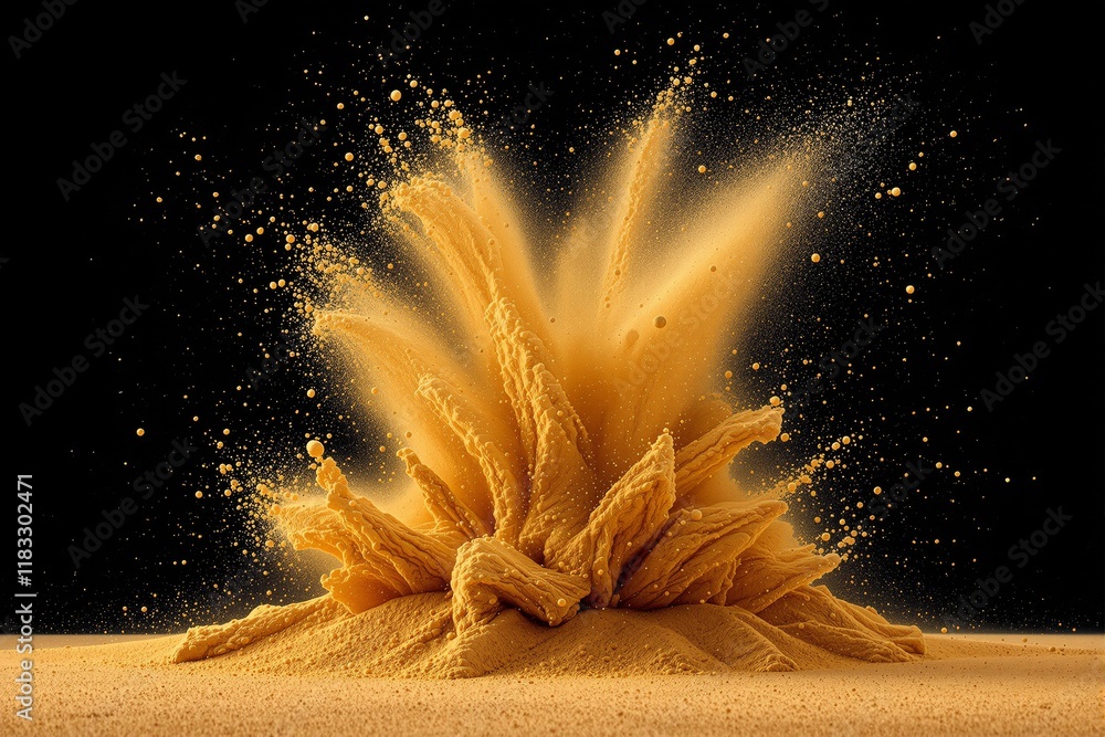 Poster golden powder particles exploding dynamically, artistic style, dark background. concept of motion, e