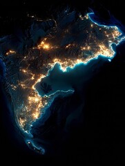 Illuminated Coastline: Night, Lights, Ocean, Coast, Dark, Black, Water, Topography, Land, Geography