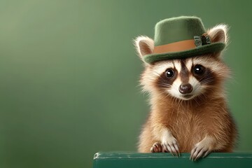 Curious Raccoon in Trilby Hat Against Vibrant Green Background
