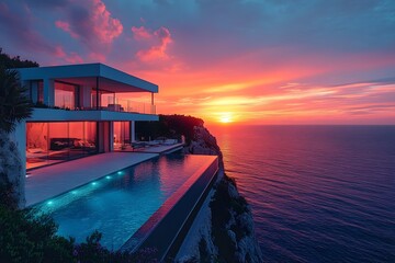 perched on a cliff, this ultra-modern luxury mansion features a sleek, navy-blue infinity pool reflecting a lavender and orange sunset. cliffside mansion