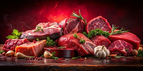 Night Photography: Raw Meat Cuts Artistically Arranged on Red Background