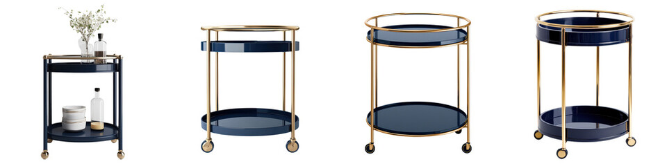 Elegant metallic rolling cart with circular shelves and a vase of flowers displaying a contemporary and minimalist interior design style suitable for a modern home office or living space