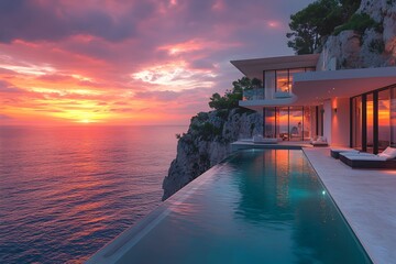 perched on a cliff, this ultra-modern luxury mansion features a sleek, navy-blue infinity pool reflecting a lavender and orange sunset. cliffside mansion