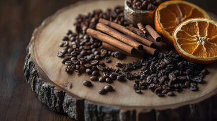 Brewing specialty coffee artisan beans spices and citrus on rustic wood close-up warm environment
