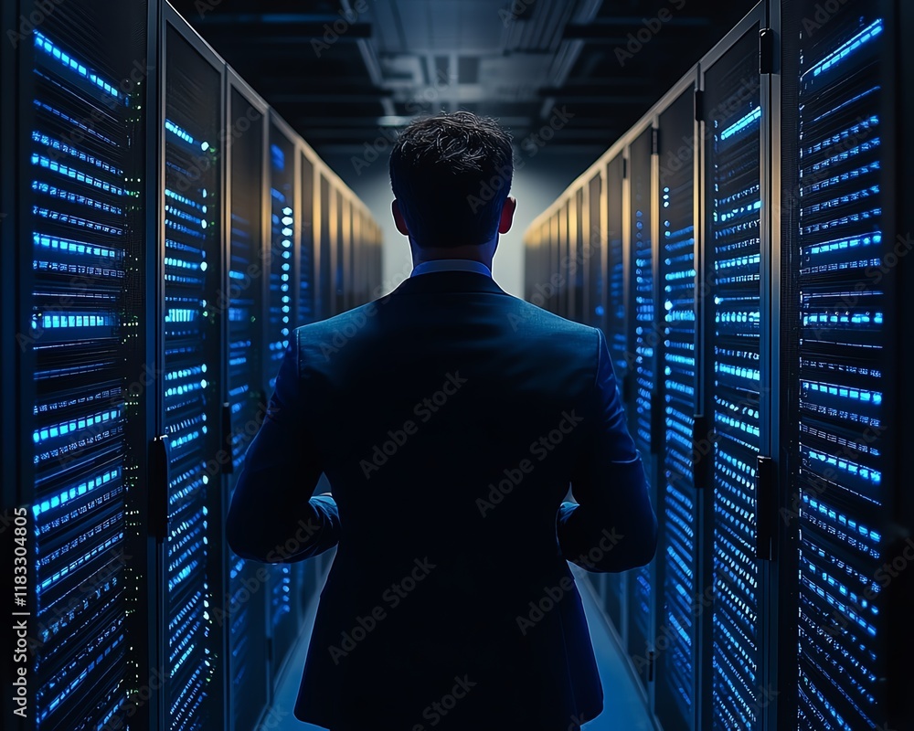Poster businessman working on a computer for online backup storage, showcasing the importance of digital fi