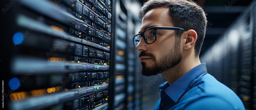 Poster businessman working on a computer for online backup storage, showcasing the importance of digital fi