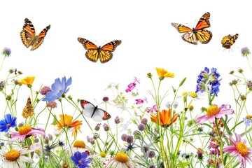 Fototapeta premium Colorful butterflies among blooming flowers