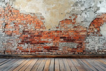 Rustic brick wall, wood floor, interior, grunge texture, background