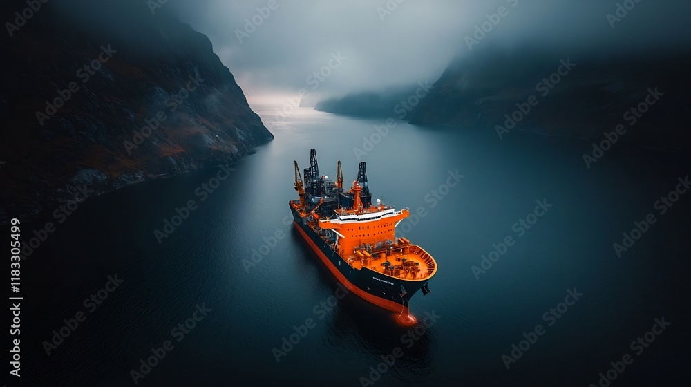Poster massive industrial ships equipped with an array of sonar and acoustic sensors engaged in cutting edg