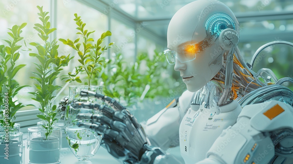 Poster hyper-realistic render of advanced ai robot, human-like features, lab setting