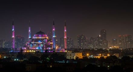 Colorful Ramadan Night at a Majestic Mosque in Istanbul Architectural Beauty Amidst Urban Skyscrapers