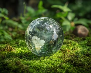 Crystal globe on green moss in a peaceful forest