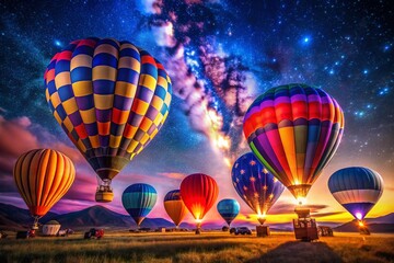 Obraz premium Night Sky, Illuminated Hot Air Balloons, Festival, Celebration, Floating Lights