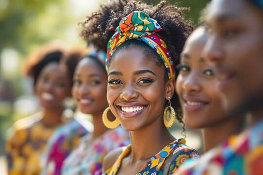 Group of smiling individuals wearing vibrant, patterned clothing and accessories, standing outdoors against a sunny blurred background. Concept of joy. Ai generative