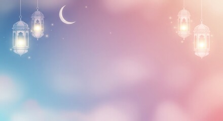 Fototapeta premium Ramadan Lanterns and Crescent Moon Night Sky Digital Art Festive Atmosphere Serene View Spiritual Concept