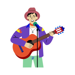 A music artist singing while playing guitar, flat illustration