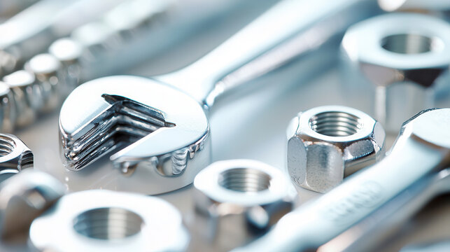 Close up of car repair toolset featuring wrenches, nuts, and bolts. This detailed image showcases precision and shine of each tool